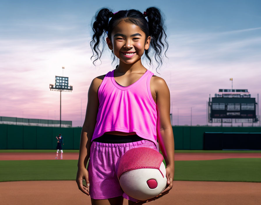 Smiling girl with buns holding basketball on outdoor court