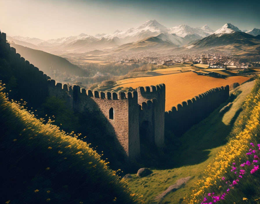 Stone wall winding through blooming landscape to snowy mountains