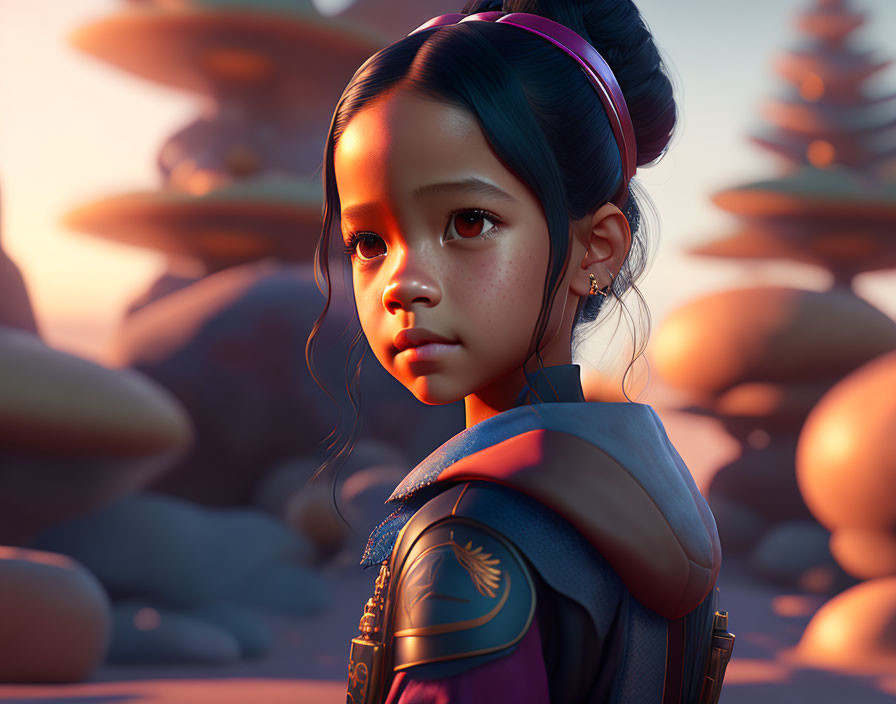 Digital artwork: Young girl with backpack in fantastical landscape at golden hour