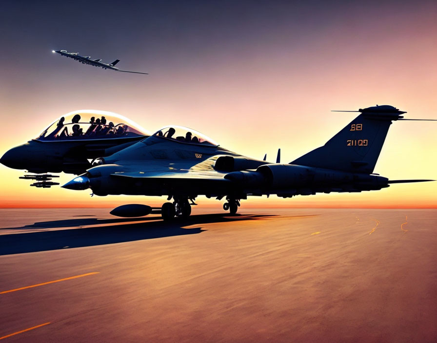 Military and commercial aircraft on runway at sunset