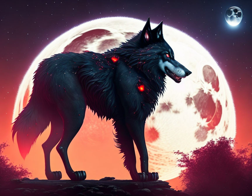 Mythical black wolf digital artwork with red eyes, moon, and crimson sky