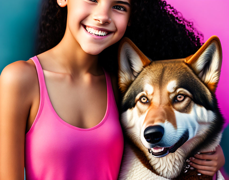 Young girl with curly hair and dog in colorful setting.