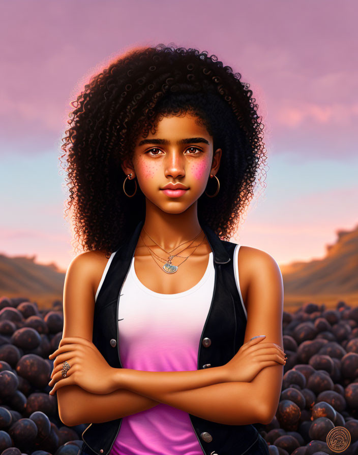 Young woman with curly hair in vest over pink top, arms crossed, against sunset and hills.