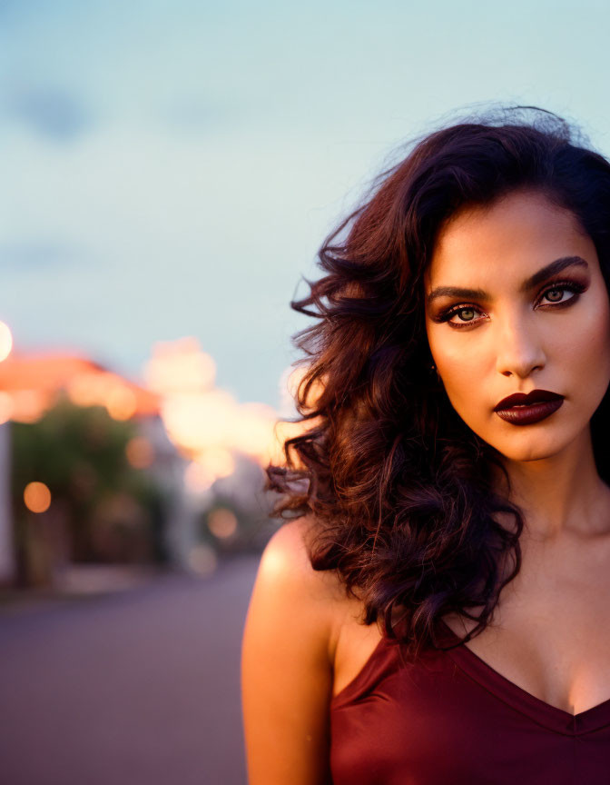 Dark-haired woman in red dress against cityscape at dusk