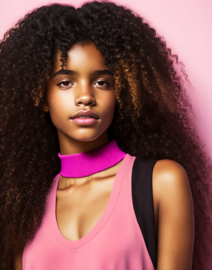 Curly Haired Woman in Pink and Purple Attire on Pink Background