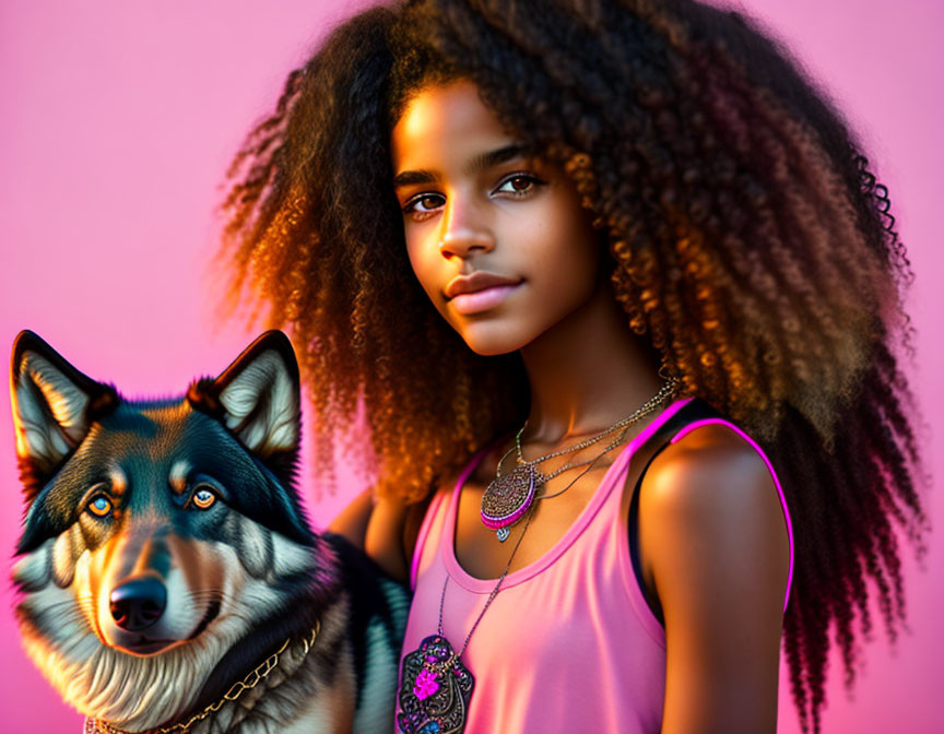 Curly-Haired Girl and Husky Dog with Necklaces on Pink Background