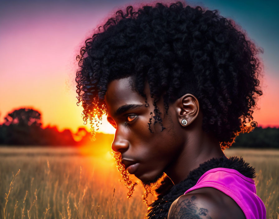 Curly-Haired Person Gazing at Sunset Over Field