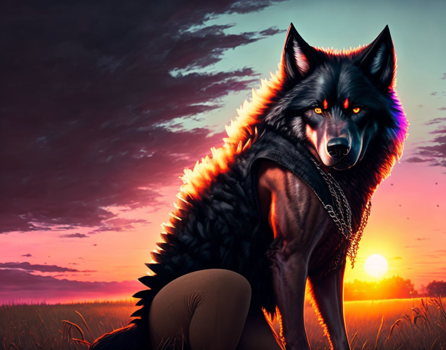 Animated black wolf with glowing red eyes and fiery orange mane in field at sunset