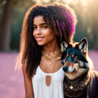 Curly-Haired Woman with Bright-Eyed Dog Outdoors