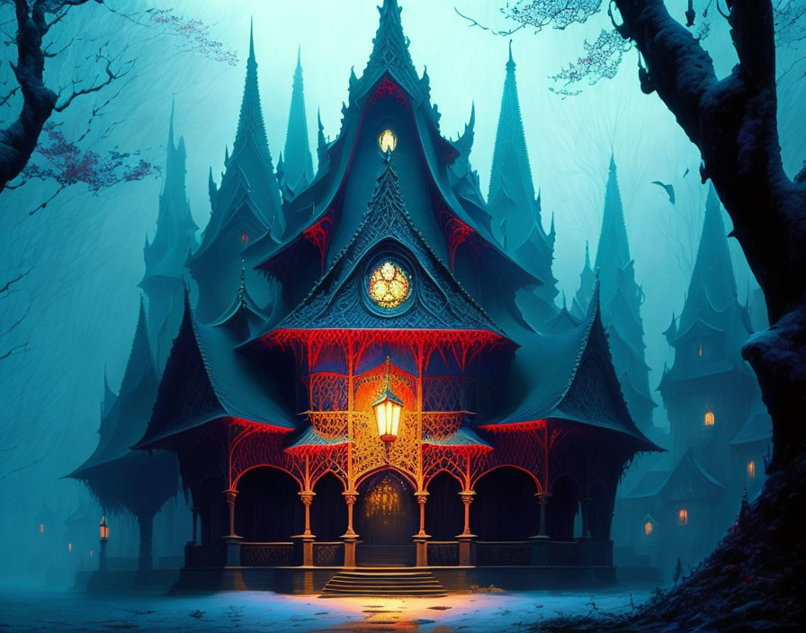 Gothic-style fantasy mansion in mystical forest at dusk