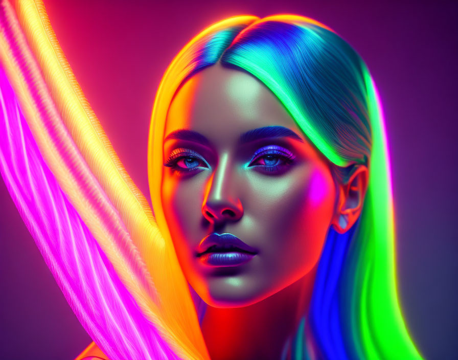 Vibrant neon lights illuminate woman's portrait