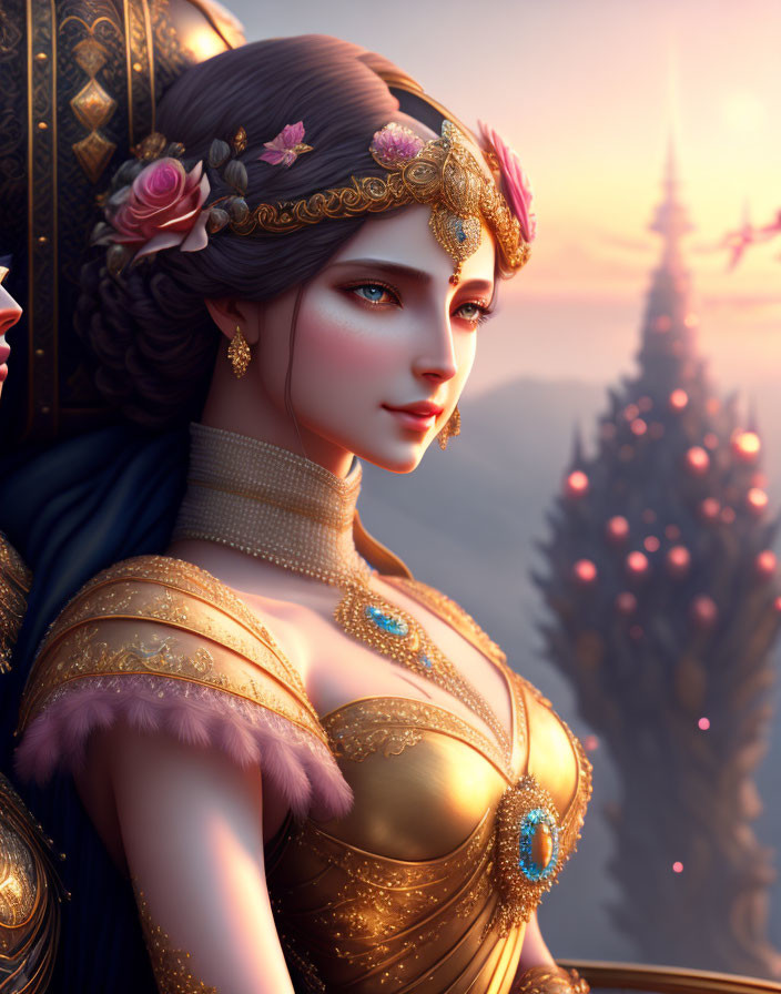 Regal woman in jeweled tiara and golden attire with twilight sky backdrop