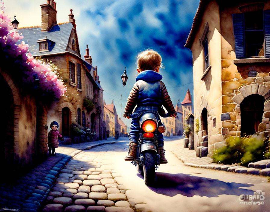 Child on Toy Motorcycle Imagines Cobblestone Street Ride at Dusk