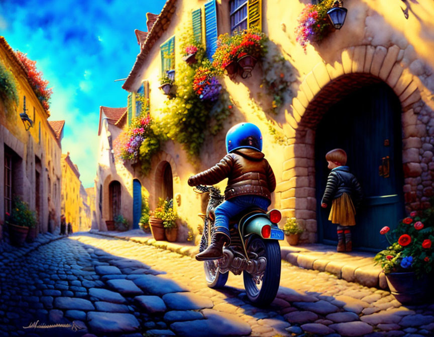 Colorful Motorcycle Scene on Cobblestone Street with Flowers and Child