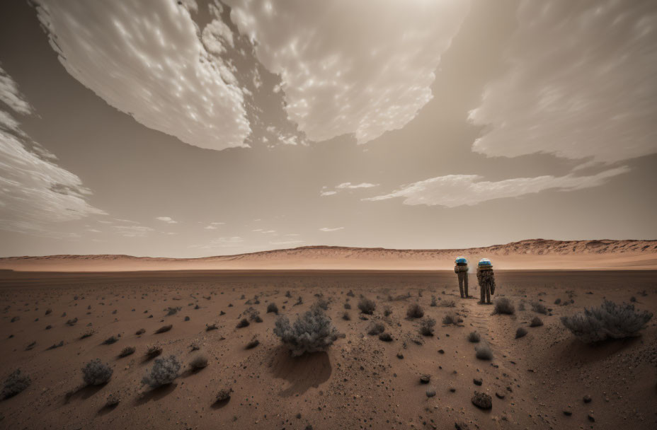 Barren Martian landscape with astronauts under dramatic sky