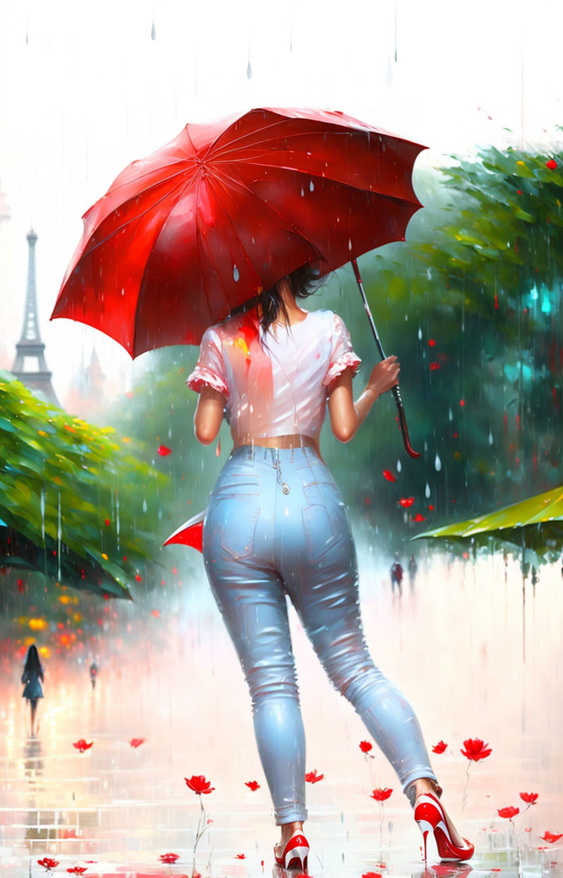 Person with red umbrella walking in rain by Eiffel Tower with scattered red petals