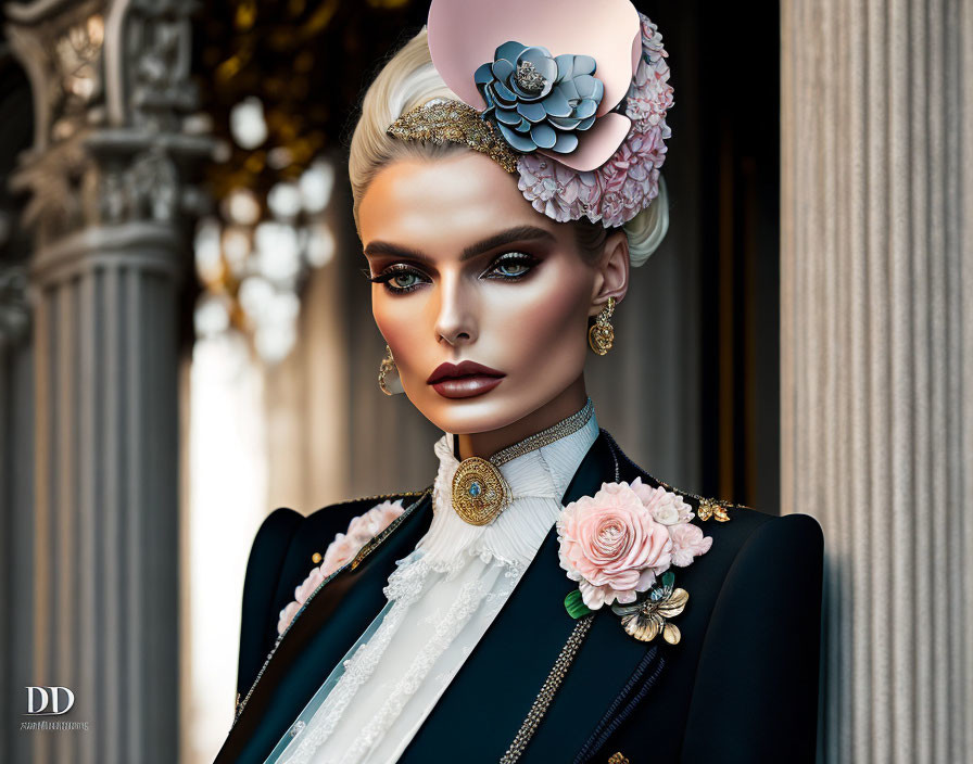 Stylish individual in dramatic makeup and floral hat with embroidered dark jacket