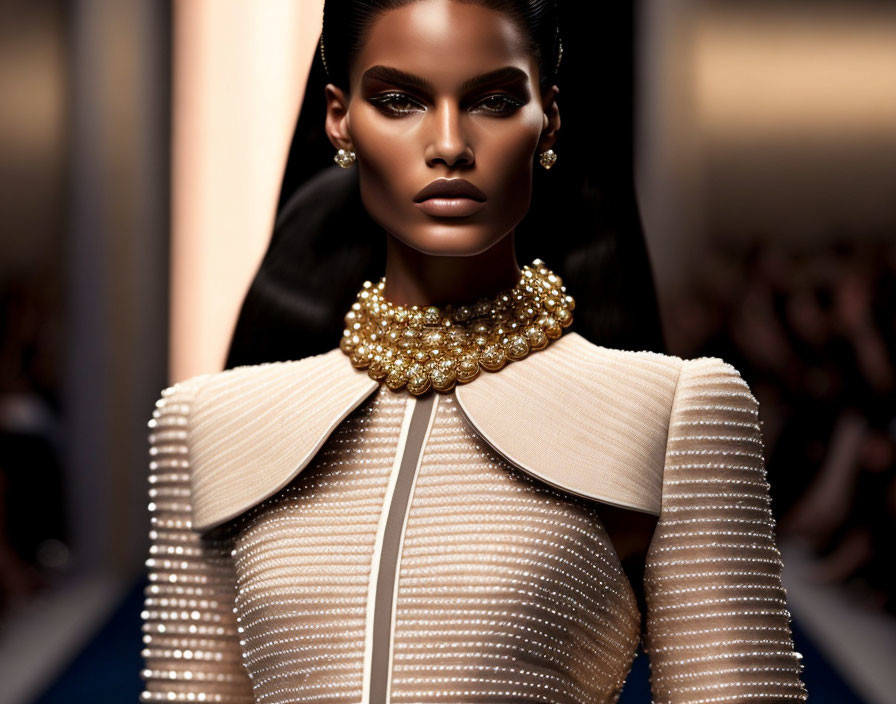 Fashion model showcasing elegant cream jacket with pearls and statement golden necklace