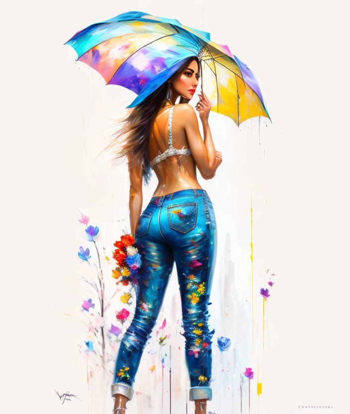 Woman with Long Hair Holding Colorful Umbrella in Floral Painted Denim