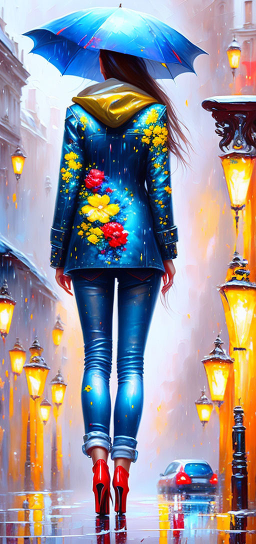 Woman with blue umbrella walking in rain on lamp-lit street