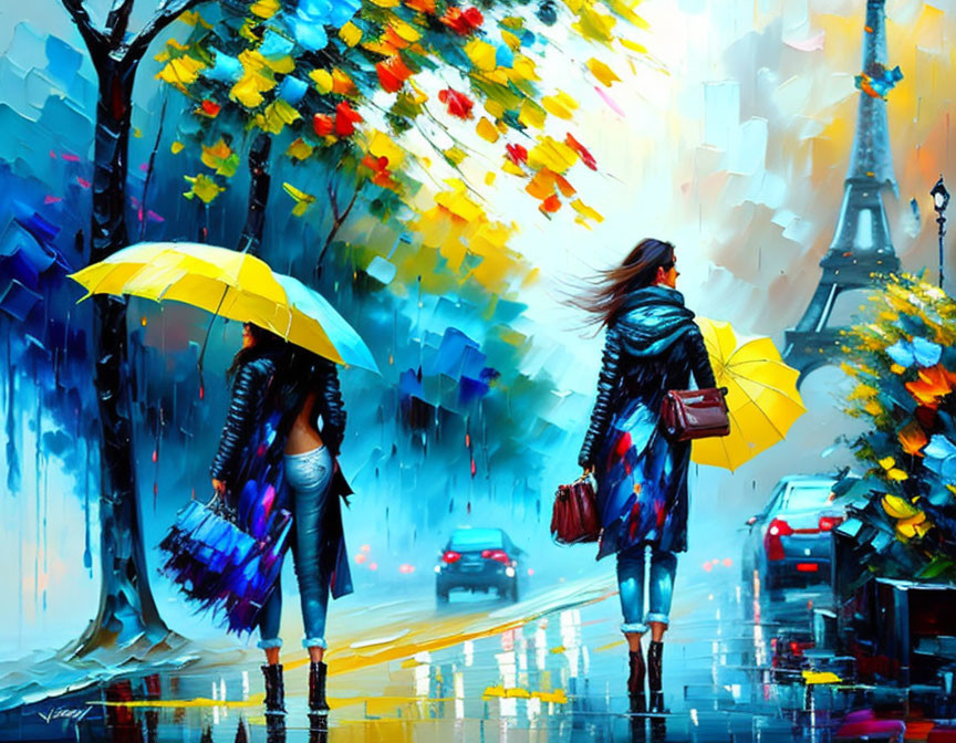 Vibrant rainy street scene with Eiffel Tower and individuals with umbrellas