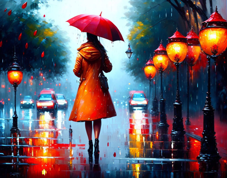 Person in Yellow Coat with Red Umbrella on Rainy City Street