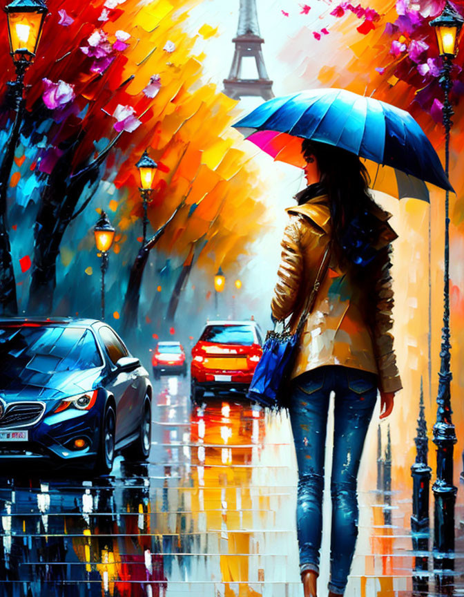 Colorful Rainy Street Scene with Blue Umbrella and Eiffel Tower