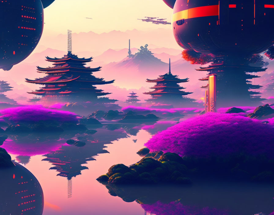 Futuristic landscape with pagoda-style structures and floating orbs in mountainous scenery