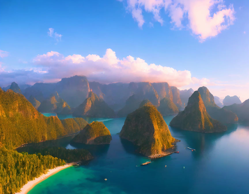 Tropical landscape with green mountains, blue waters, beach, boats, and sunset sky