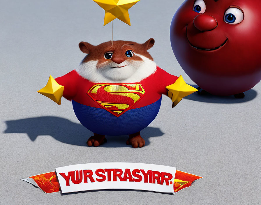 Cartoon hamster as Superman with red cape, stars, and smiling red balloon.