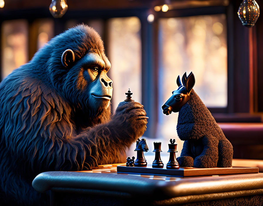 Gorilla and kangaroo playing chess in cozy room with bokeh lights