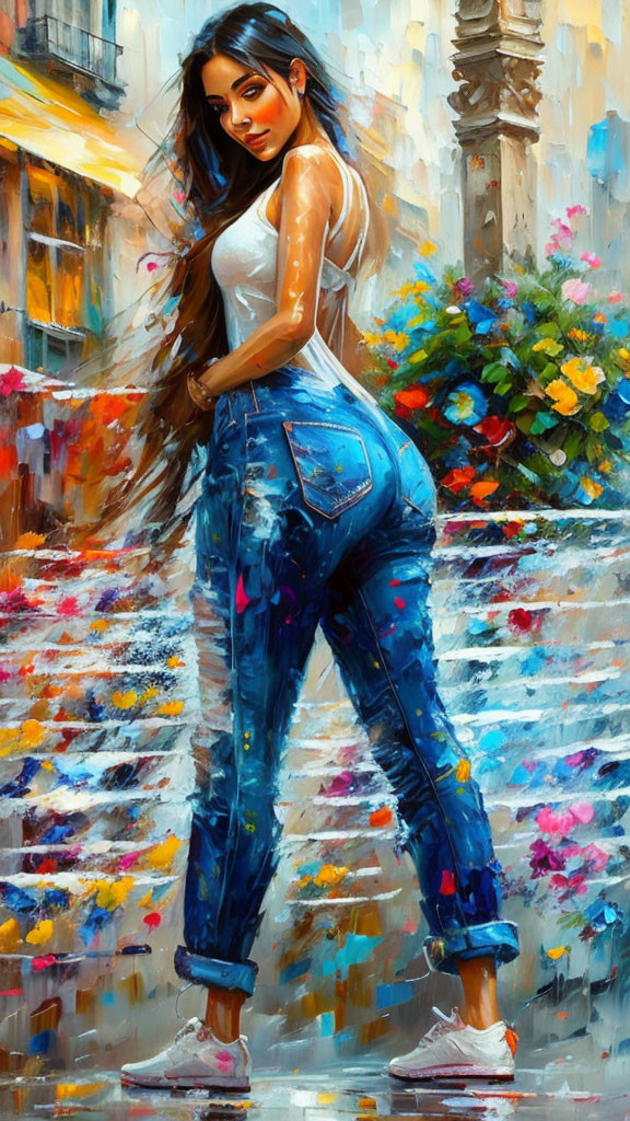 Colorful Impressionistic Painting of Woman in Casual Attire on Flower-Lined Street