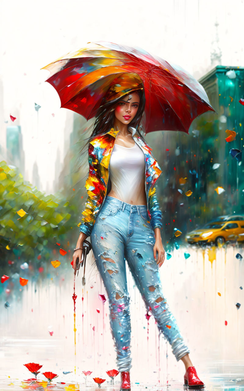 Stylish woman with vibrant umbrella in autumn setting