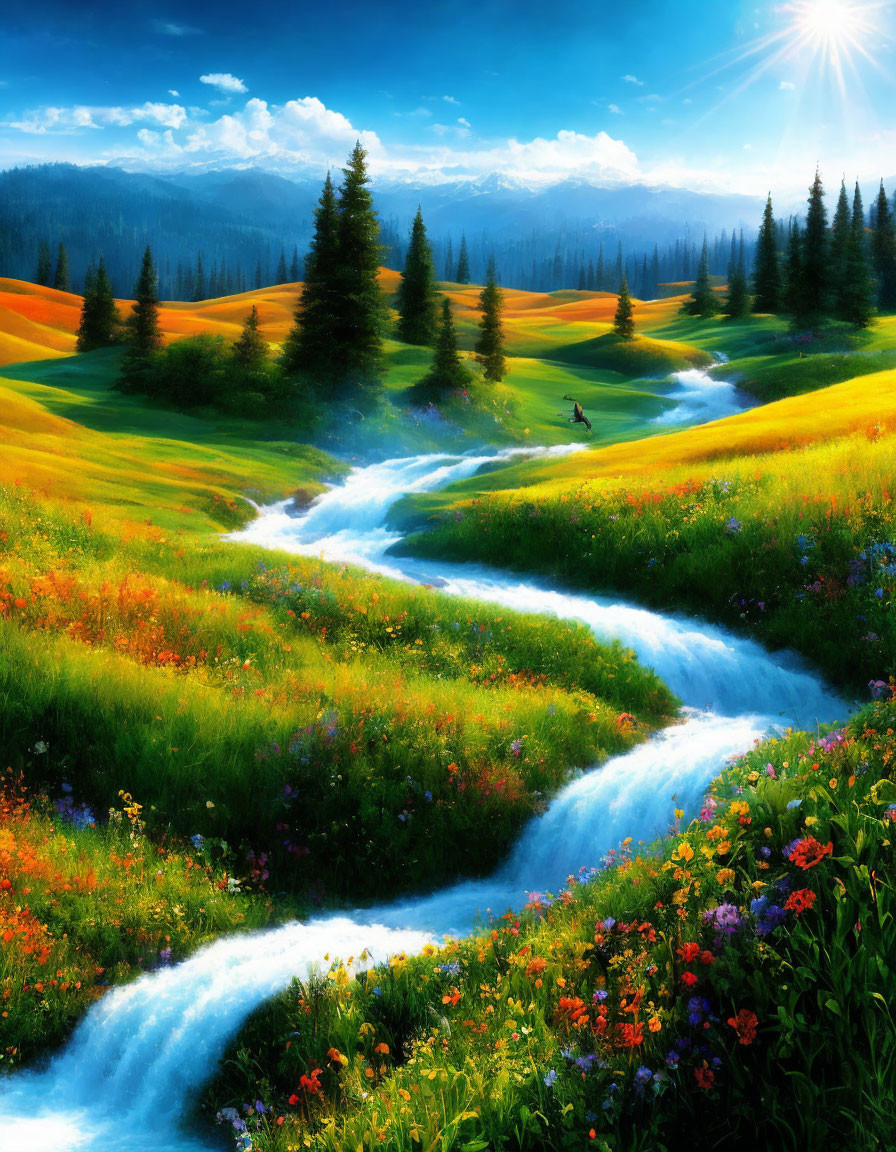 Scenic landscape with stream, trees, wildflowers, and mountains