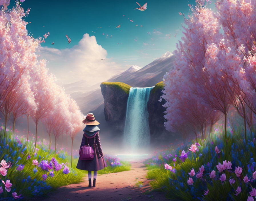 Person admires magical waterfall with pink trees and mountain backdrop