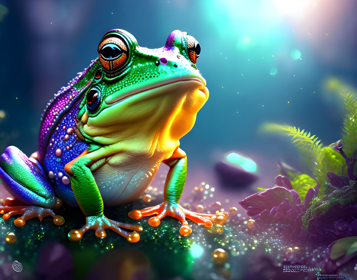 Colorful stylized frog illustration with exaggerated eyes on mystical background