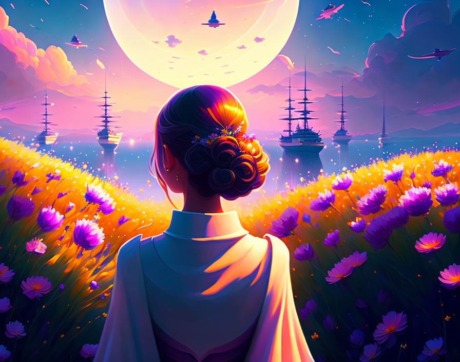 Woman admires vibrant fantasy landscape with floating ships and colorful flowers