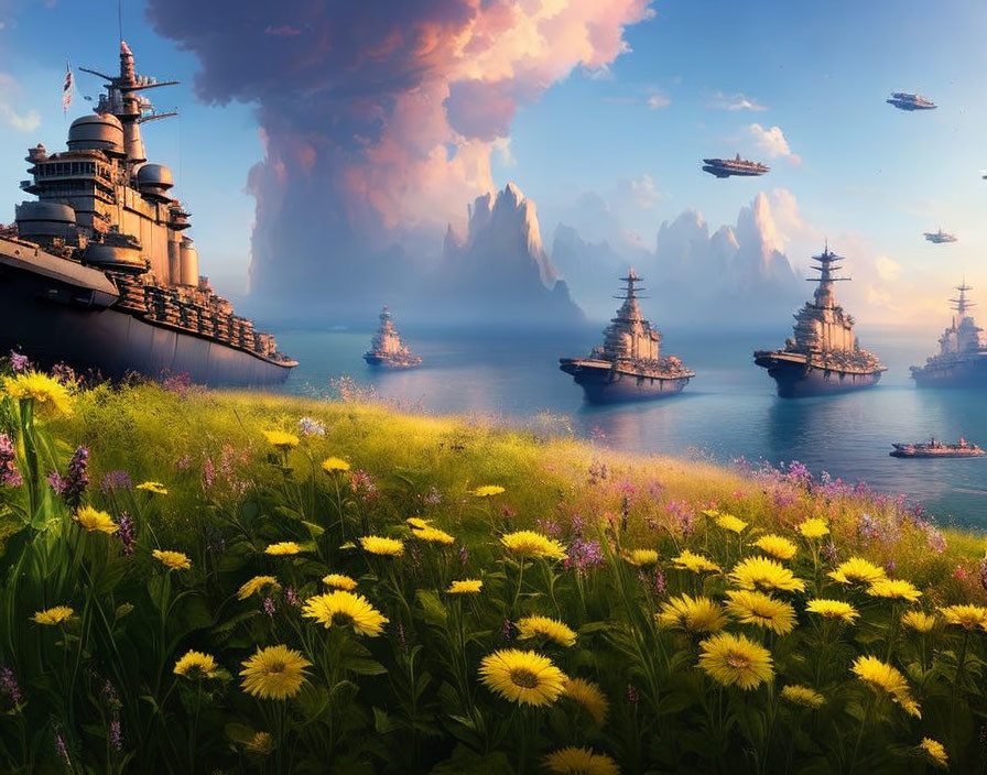 Tranquil meadow with wildflowers and battleships near sea cliffs