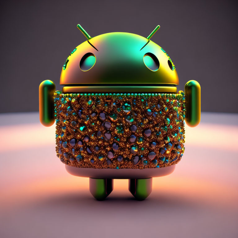 Shiny jewel-encrusted Android mascot on gradient background