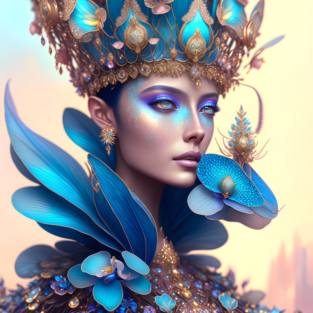 Woman with Blue and Gold Fantasy Makeup and Gemstone-Adorned Headdress