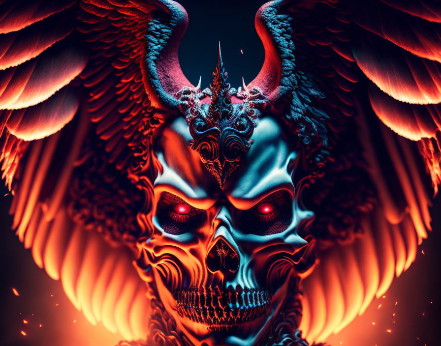 Symmetrical glowing red-eyed skull with fiery wings artwork