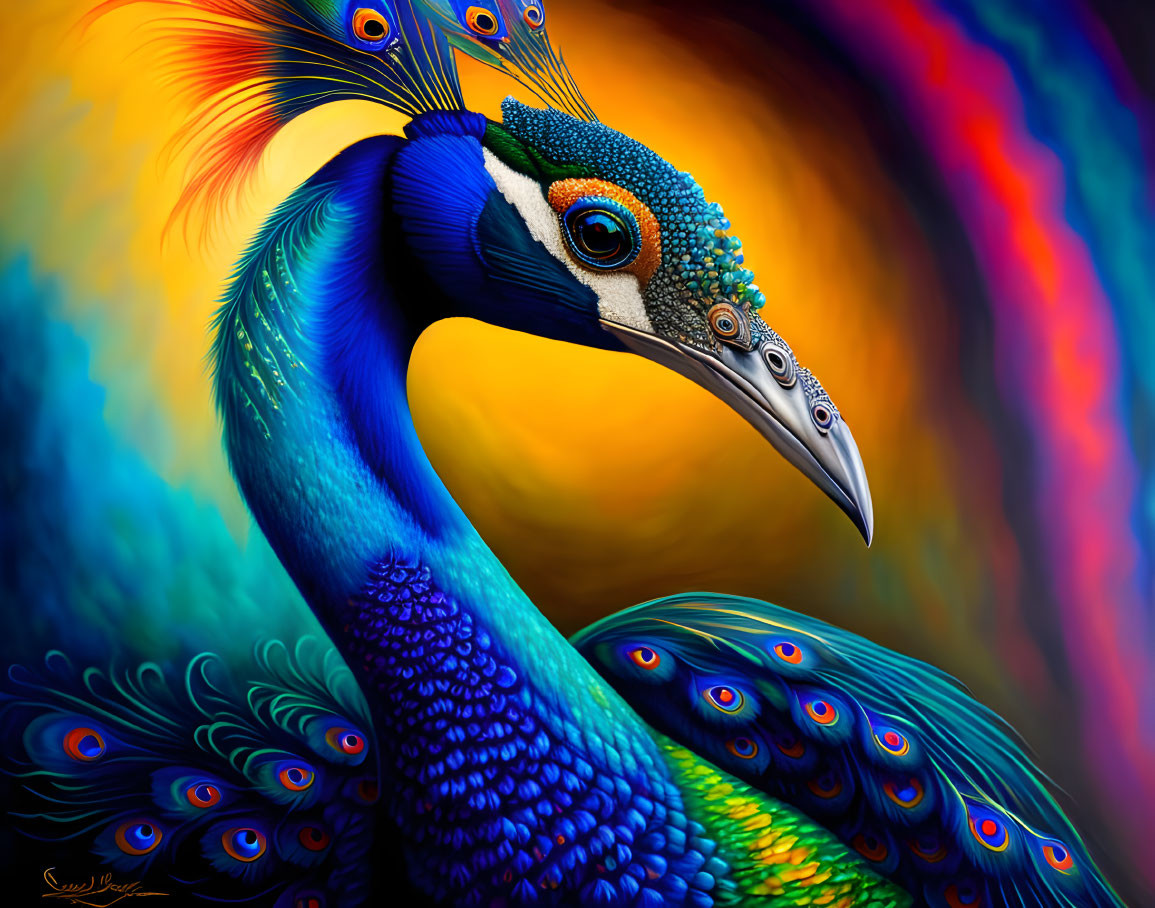 Colorful digital painting of a vibrant peacock against abstract backdrop