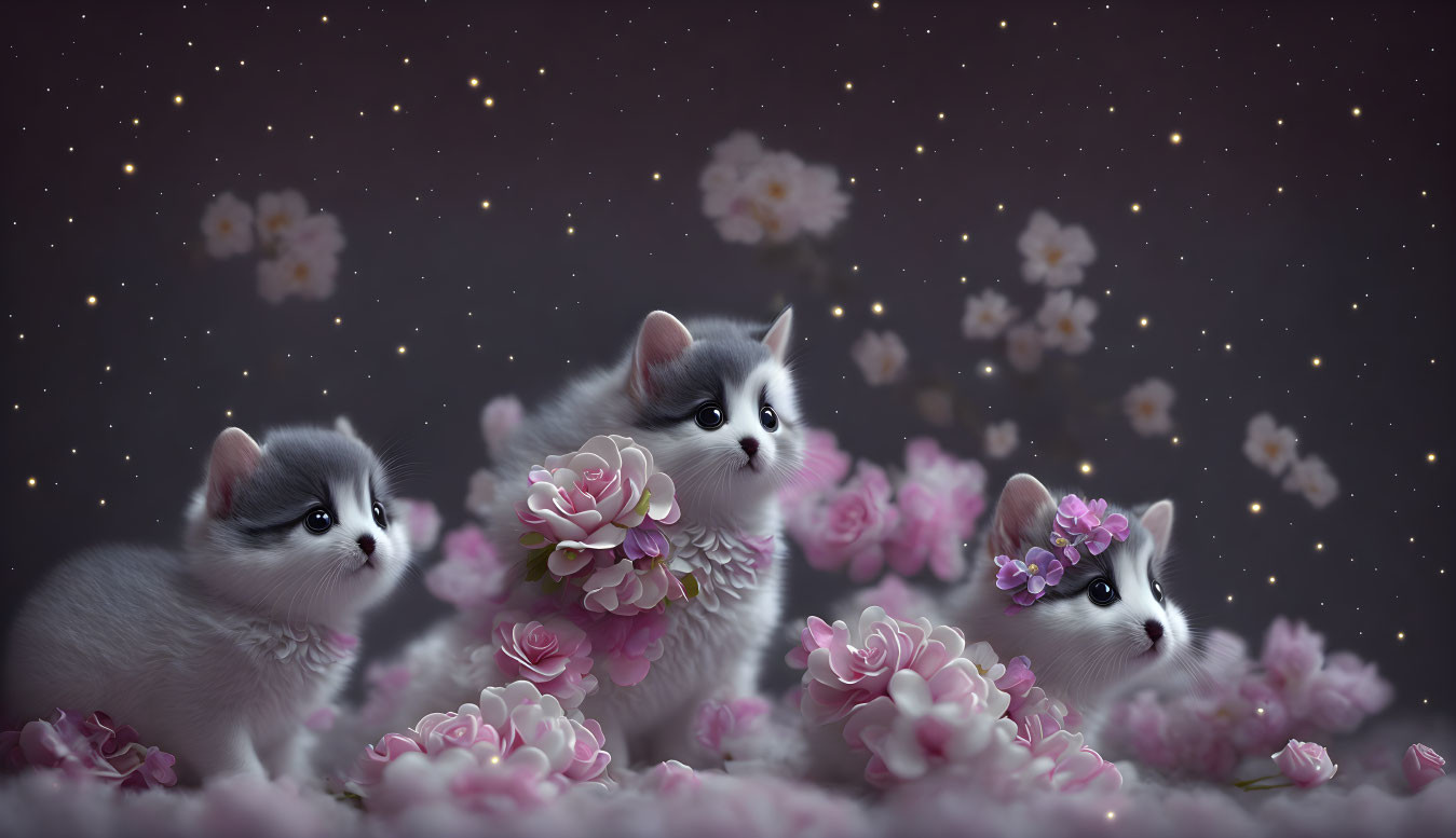 Three fluffy kittens in pink flower field under starry sky