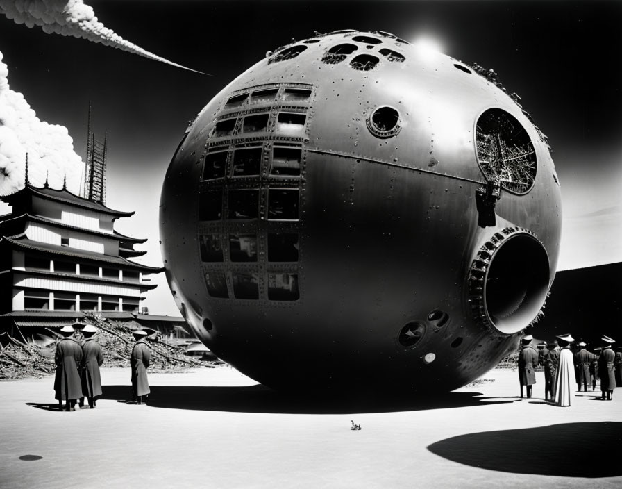 Formal Attired Group Viewing Spherical Spacecraft and Rocket Launch