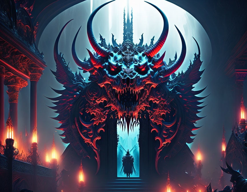 Fantasy throne room with colossal demon head above ornate throne