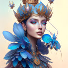 Woman with Blue and Gold Fantasy Makeup and Gemstone-Adorned Headdress