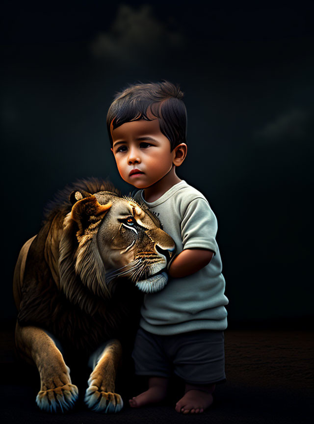 Child's Hand on Lion's Head Against Dark Background