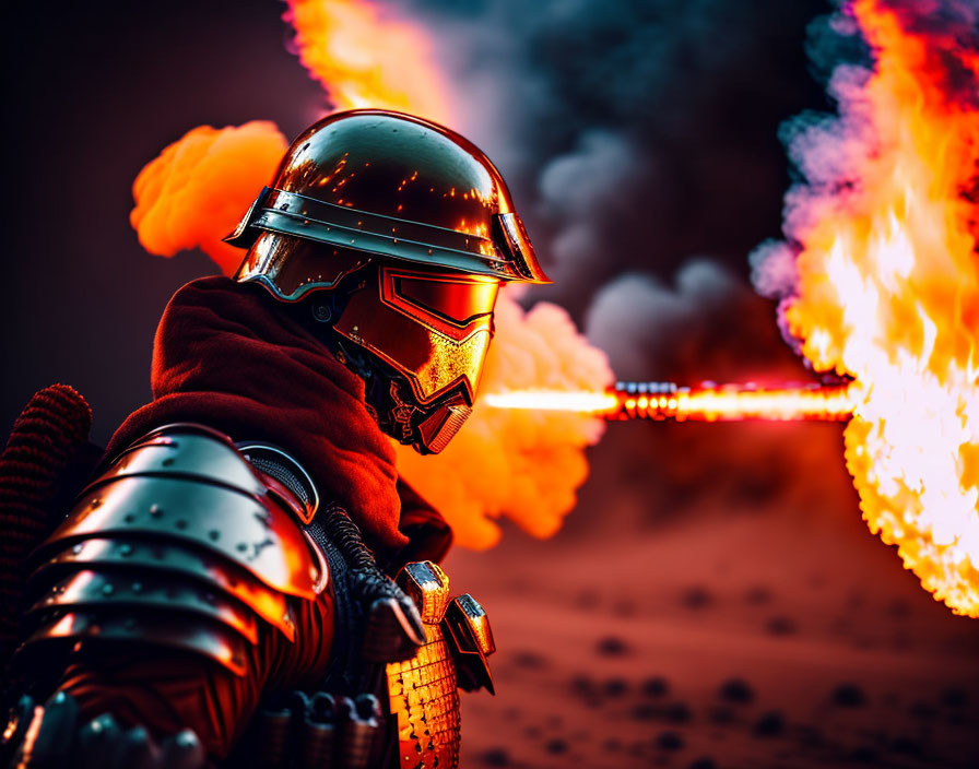 Futuristic armored figure fires red laser in fiery scene