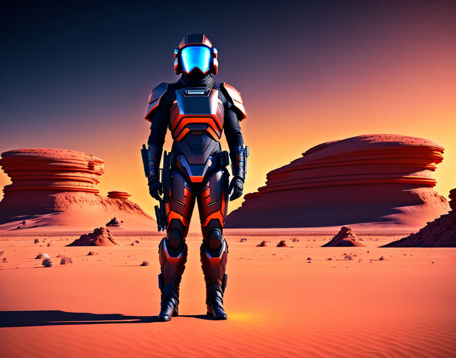 Futuristic astronaut in orange and black suit on barren desert planet