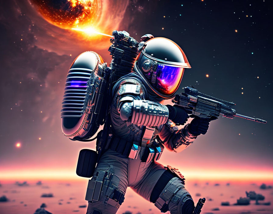 Armored astronaut with rifle on alien planet at sunset